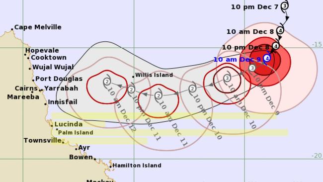 The latest track map for Severe Tropical Cyclone Jasper – as of Saturday, December 9 morning. Picture: Bureau of Meteorology