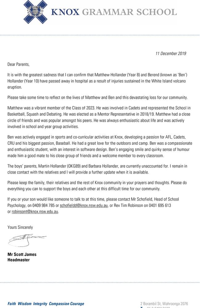 The very sad letter sent out to the school community of Warrawee's Knox Grammar School by Headmaster Scott James confirming that two students from the school, Matthew Hollander and Berend Hollander have died from injuries received in New Zealand's White Island volcanic eruption. Picture: Knox Grammar School