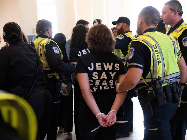 Members of the US Jewish community are arrested as they protest against the Israeli military operation in Gaza in Washington, DC. Picture: AFP