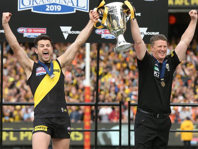 2019 AFL Grand Final. 28/09/2019.   Richmond skipper Trent Cotchin  and  coach Damien Hardwick after the 2019 AFL Grand Final match between the Richmond Tigers and the GWS Giants at the MCG on September 28, 2019 in Melbourne, Australia. Picture: Michael Klein.