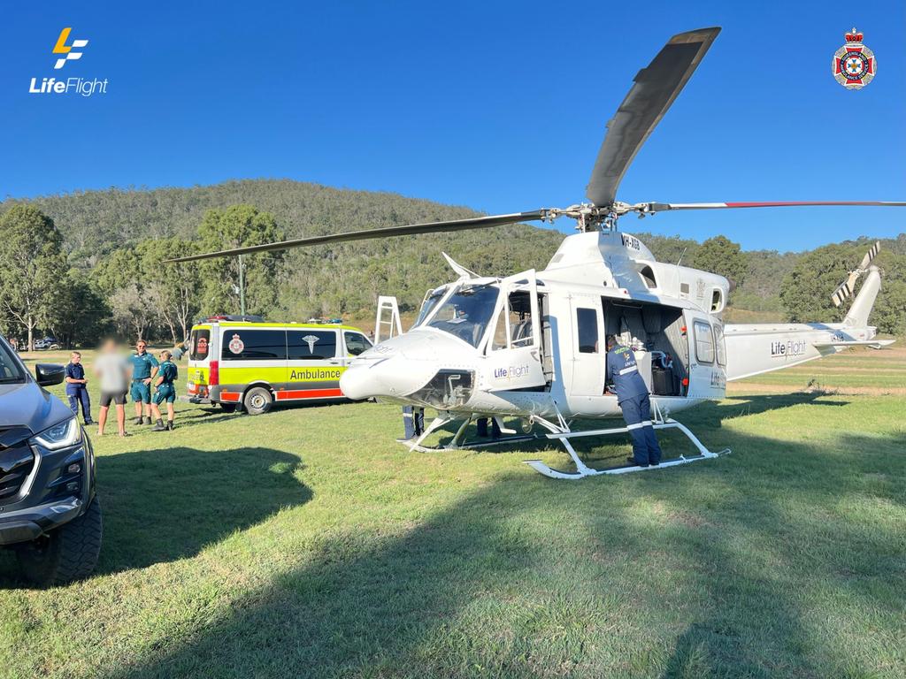 A motorcyclist was flown to hospital after a crash at a recreational moto park in the Gympie region Saturday afternoon. Photo: LifeFlight.