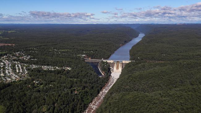 An Aerial view of Warragamba Dam overflowing in the Western Sydney region where major floods have hit the area in Sydney, Australia. Picture: NCA NewsWire / Gaye Gerard