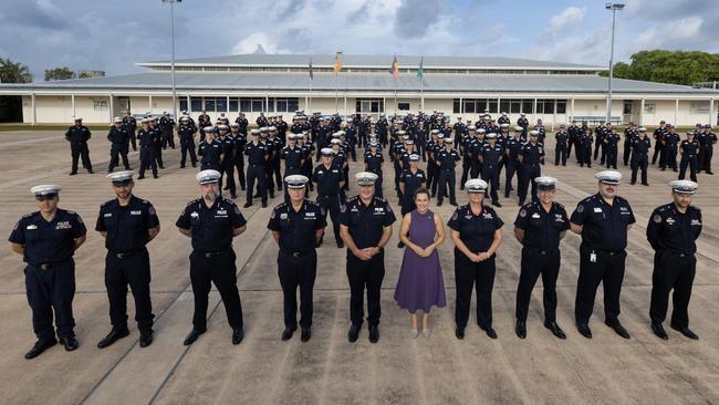 Drone shots of Chief Minister Lia Finocchiaro and NT Police Commissioner Michael Murphy with officers from NT Police in February 2025. Picture: NT Police