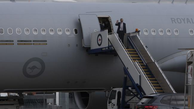 After being sworn the new Prime Minister, Anthony Albanese and the new Foreign Minister Penny Wong board the RAAF jet for the Quad meeting in Japan. Picture: NCA NewsWire / Andrew Taylor