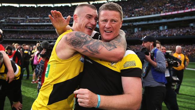 Eight years after uniting at Richmond, Martin and Hardwick celebrated winning the 2017 premiership. Picture: Phil Hillyard