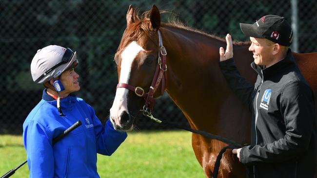 Jockey Craig Williams and strapper Matt Scown with Admire Deus at Werribee earlier this month.