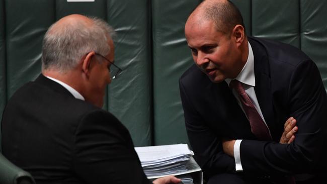 Scott Morrison and Josh Frydenberg during Question Time. Picture: Getty Images.