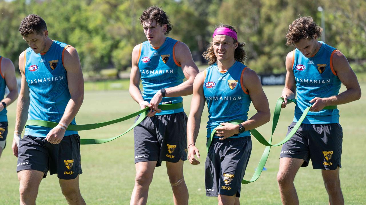 The Hawks trained down in Geelong on Monday. Picture: Brad Fleet