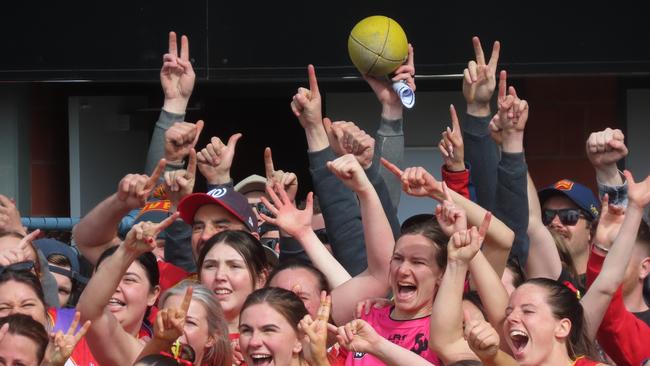 Meander Valley's players celebrate with their fans after the grand final win. Picture: Jon Tuxworth