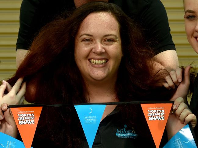 Kimberley Norris (centre) with work colleagues Jenna Hine, Shane Dann and Taylah Whittred is set for Shave for a Cure. Picture: Evan Morgan