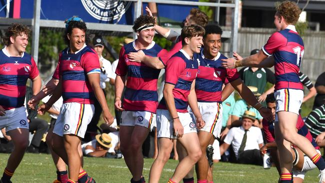 BSHS players celebrate a great win. First XV rugby match between BSHS and Brisbane Boys College Saturday September 4, 2021. Picture, John Gass