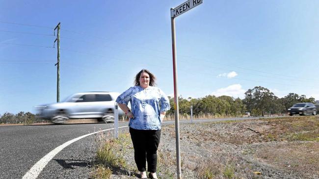 DANGEROUS ROAD: Sarah Williams at the Keen and Booral Rd intersection where her daughter was involved in a crash. Picture: Cody Fox