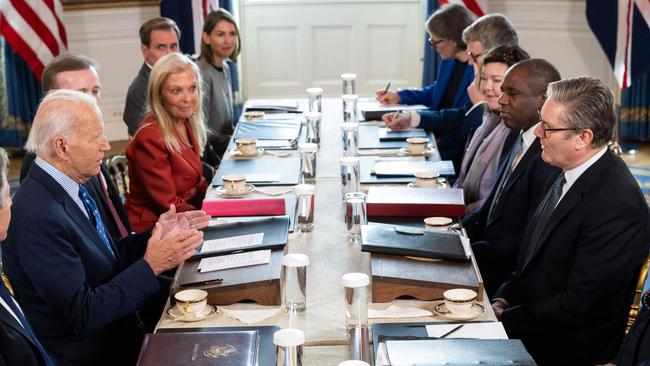 US President Joe Biden (L) and British Prime Minister Keir Starmer (R) participate in a bilateral meeting in the Blue Room of the White House. Picture: SAUL LOEB / AFP