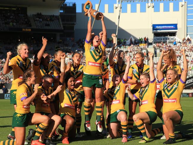 Jillaroos celebrate beating the Kiwi Ferns 3-0. Pic: Mark Evans