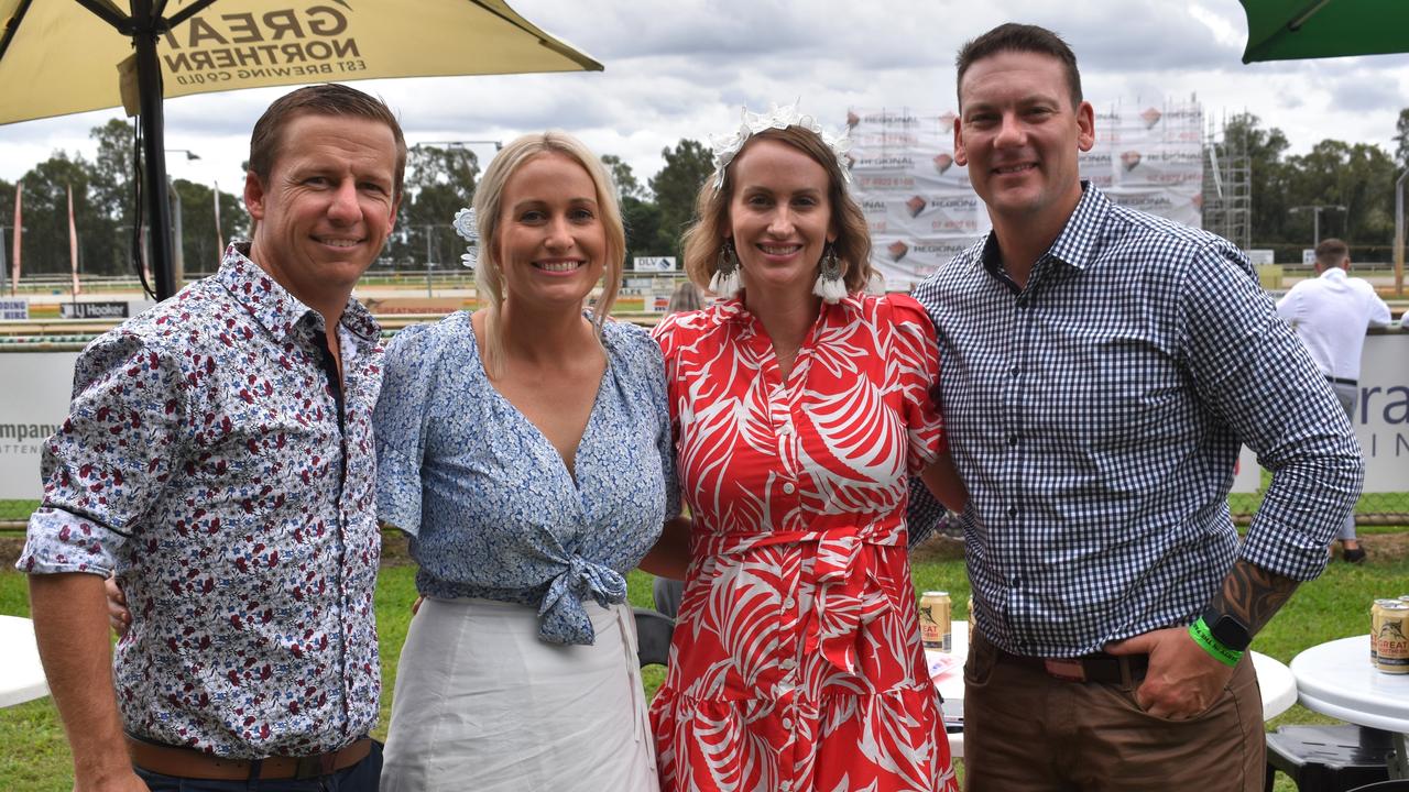 Aaron and Paula Harmsworth and Lynette and Jared Glover at The Archer race meeting at Callaghan Park, Rockhampton, on May 7, 2022.