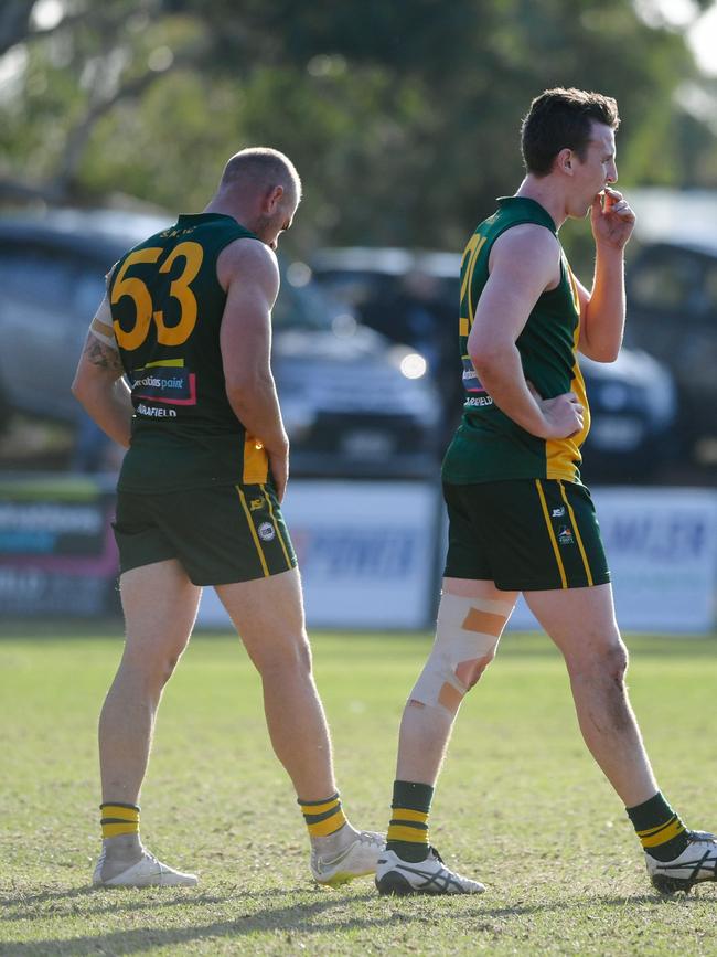 Salisbury North’s Callum Hay and Corey Reichert. The Hawks need to turn their form around. Picture: AAP/Morgan Sette