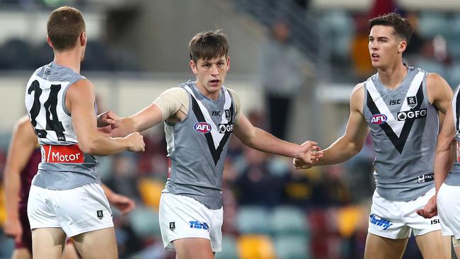 Port Adelaide young gun Zak Butters celebrates a goal against Brisbane last weekend. Picture: Jono Searle/AFL Photos/via Getty Images