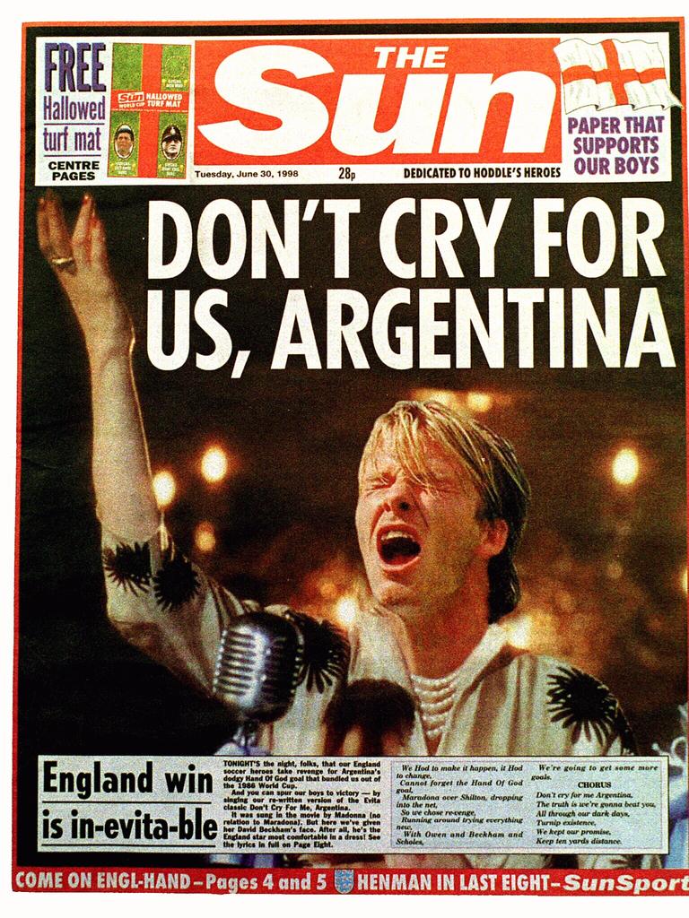 Front page of London Sun newspaper with headline "Don't Cry For Me Argentina" after David Beckham was sent off in second round game of 1998 World Cup.