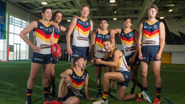 Adelaide’s crop of 2018 draftees: Back: Chayce Jones (left), Will Hamill, Kieran Strachan, Tyson Stengle, Shane McAdam, Jordon Butts; Front: Ned McHenry (left), Lachlan Sholl. Picture: Alex Aleshin