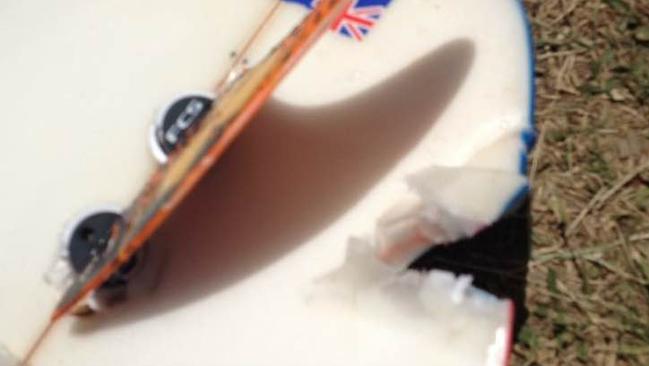 Ballina surfboard shaper Scott Crump posted the aftermath of a shark attack on Seneca Rus’s board. Photo: Facebook