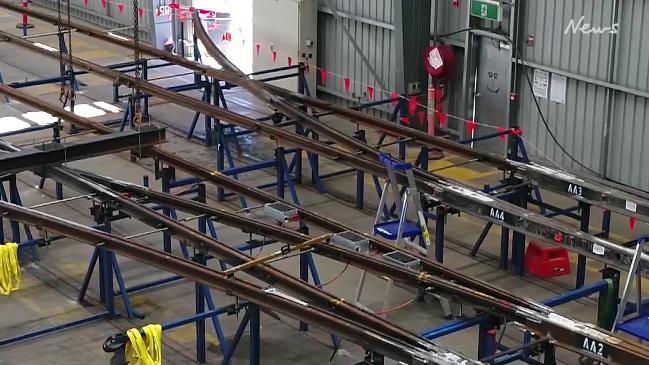 Drone footage of North Terrace tram extension works being laid out in preparation for installation