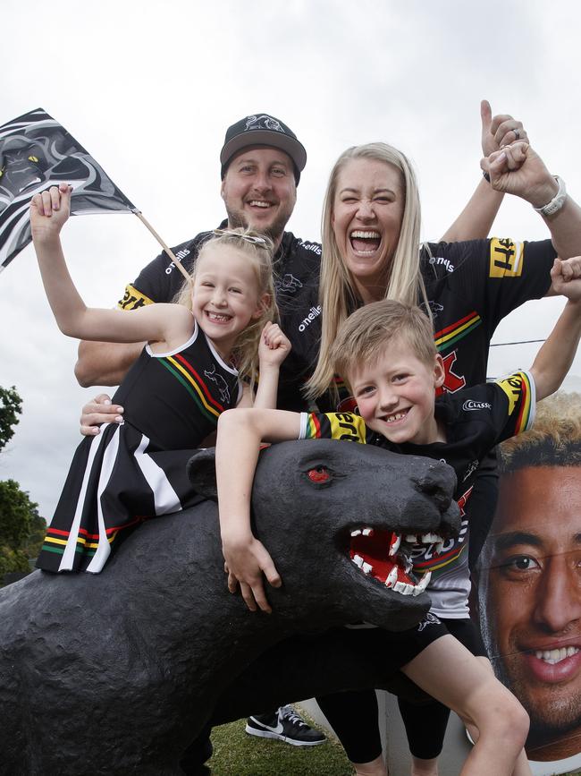 The Christie family have a large concrete panther in their front yard and are excited for the Grand Final on the weekend. Picture: David Swift