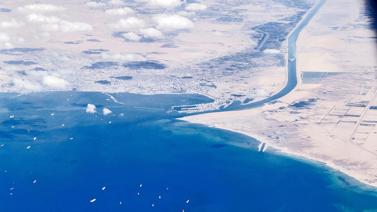 Stranded ships waiting in queue in the Gulf of Suez. Picture: Mahmoud Khaled / AFP