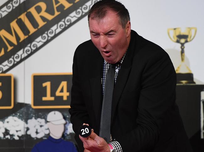 Humphrey O'Leary is seen moments after he picked barrier 20 for Who Shot the Barman at the Melbourne Cup barrier draw on Derby Day at Flemington racecourse in Melbourne, Saturday, November 4, 2017. (AAP Image/Julian Smith) NO ARCHIVING