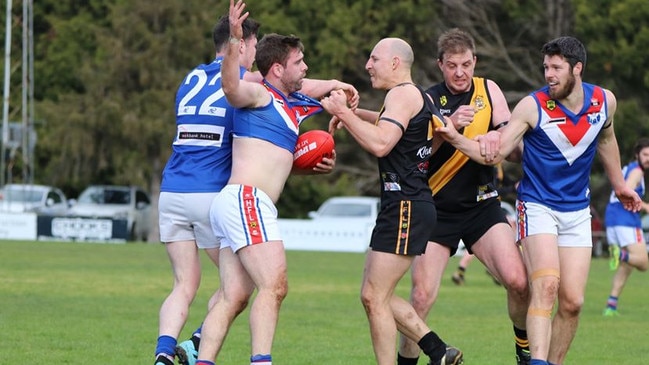 Things get heated as Onkaparinga Valley's Tim Webber and Lobethal's Luke Nitschke clash during the Hills Football League match at Lobethal on Saturday. Picture: Aliza Fuller/Lobethal Football Club