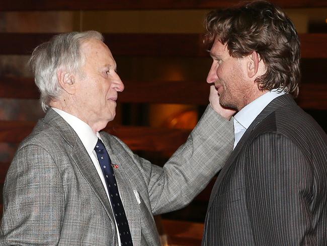 James Hird chats with Andrew Peacock at the lunch. Picture: Michael Klein