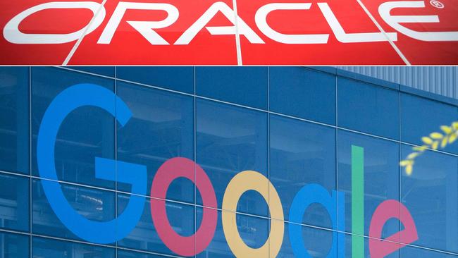 (COMBO) This combination of file pictures created on October 2, 2020 shows the Oracle logo (top) at the Oracle OpenWorld 2011 in San Francisco; and a Google logo at the Googleplex in Menlo Park, California on November 4, 2016. - A decade-old legal battle between Silicon Valley giants Oracle and Google over software rights moves to the Supreme Court Wednesday, in a case with enormous implications for copyright in the digital era. The top court scheduled oral arguments in the case which dates back to a lawsuit filed in 2010 by Oracle seeking billions from Google over its use of Java programming language in its Android mobile operating system. (Photos by KIMIHIRO HOSHINO and JOSH EDELSON / AFP)