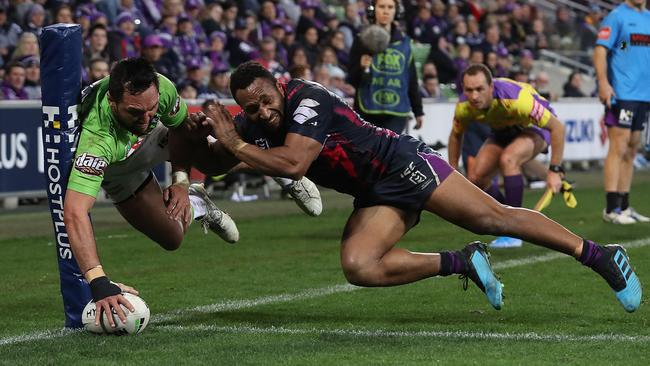 Jordan Rapana and the Raiders upset Melbourne at AAMI Park last month. Picture: Getty Images