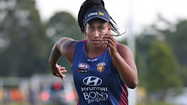 Sabrina Frederick-Traub pushes the limits at Lions training at Brendale. Picture: Annette Dew