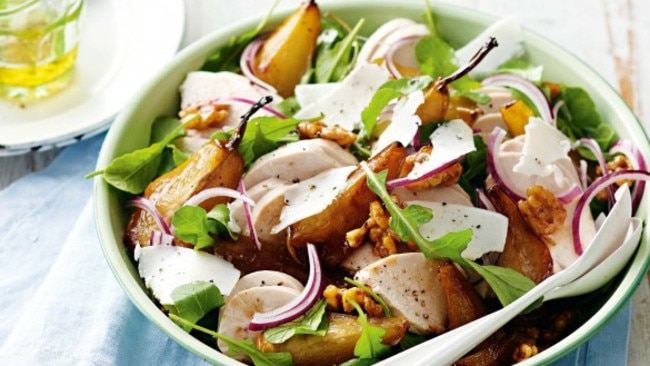 Poached chicken salad with maple-baked pears | Daily Telegraph