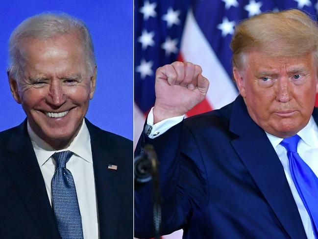 (COMBO) This combination of pictures created on November 04, 2020 shows Democratic presidential nominee Joe Biden (L) in Wilmington, Delaware, and US President Donald Trump (R) in Washington, DC both pumping their fist during an election night speech early November 4, 2020. - President Donald Trump and Democratic challenger Joe Biden are battling it out for the White House, with polls closed across the United States -- and the American people waiting for results in key battlegrounds still up for grabs, one day after the US presidential election November 03. (Photos by ANGELA  WEISS and MANDEL NGAN / AFP)