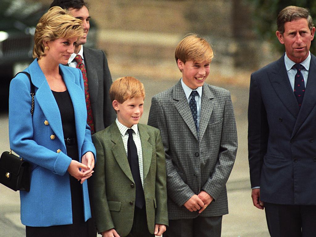 Prince William on his first day at Eton in 1995 with his parents and brother Prince Harry. Picture: Tom Wargacki/WireImage