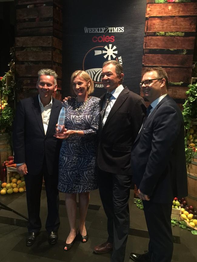 Biggest and best: <i>The Weekly Time</i>s Coles 2016 Farmer of the Year winners Prue and David Bondfield with Coles managing director John Durkan (left) and <i>The Weekly Times</i> editor Ed Gannon (right).