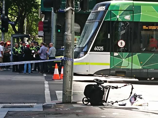 The wreckage of the pram at Bourke Street Mall after the car ploughed through pedestrians in Melbourne’s city centre. Picture: Julian Smith/AAP