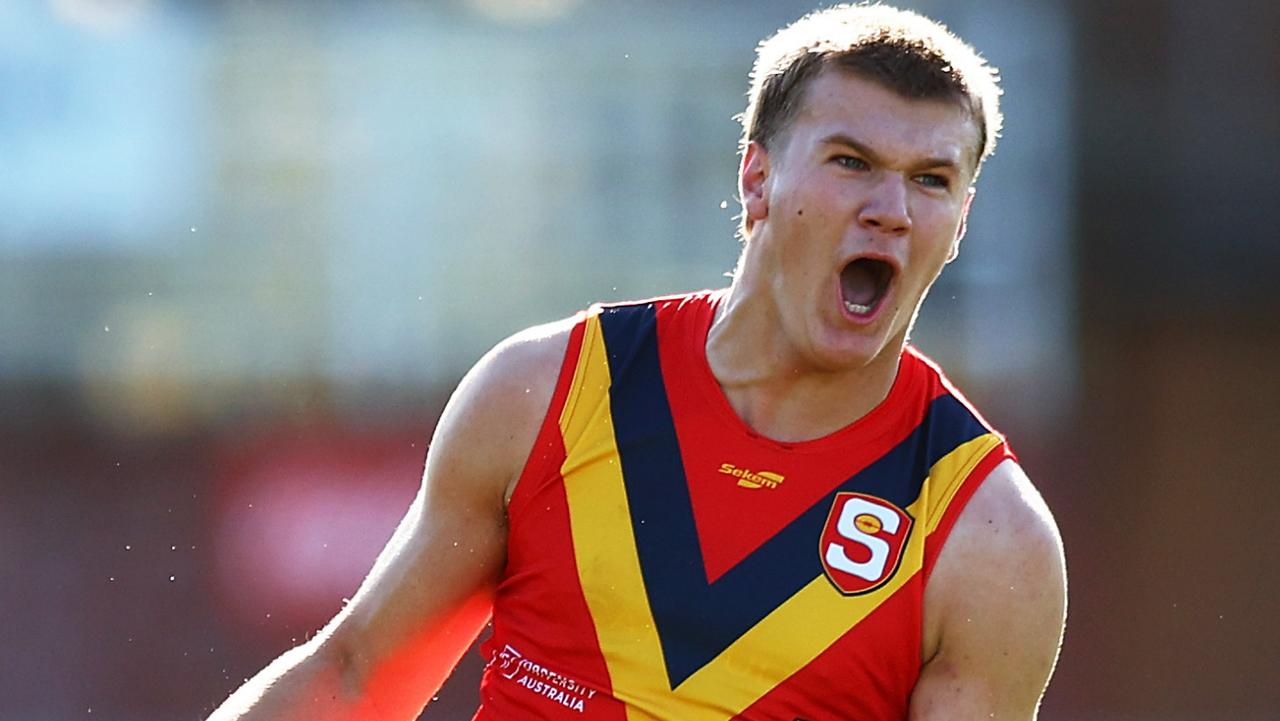 Tyler Welsh celebrates one of his five goals. Picture: Graham Denholm/AFL Photos via Getty Images