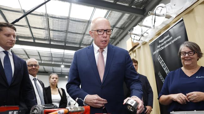 Coalition spokesman Andrew Hastie and Peter Dutton at Blacktree Technology manufacturing in Perth. Picture: Richard Dobson / NewsWire
