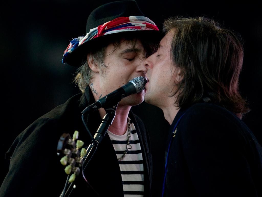 British singers Pete Doherty and Carl Barat of the Libertines band perform on the Pyramid Stage at the 2015 Glastonbury Festival. Picture: AFP