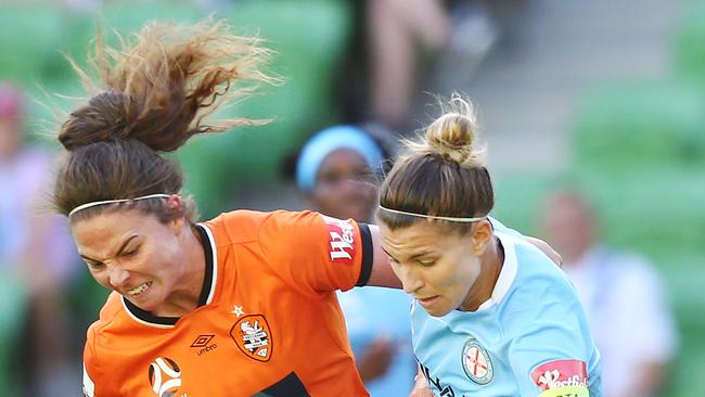 Jenna McCormick in action for Brisbane Roar against Melbourne City’s Matildas Steph Catley at AAMI Park in January. Picture: Michael Dodge/Getty Images