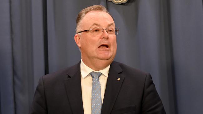 Adam Crouch , the newly elected Whip for the NSW Liberal Party announces that the new leader Mark Speakman will lead the NSW Liberal Party in Opposition. Picture: NCA NewsWire / Jeremy Piper