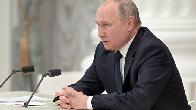Russia's President Vladimir Putin is seen during a meeting with members of Russian business community in the Moscow on Thursday. Picture: Alexei NikolskyTASS via Getty Images