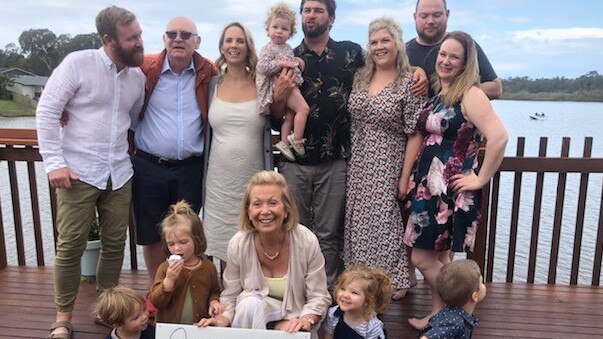 Denise Knight with her husband, three children and their partners, and some of her grandchildren. She has six grandchildren.
