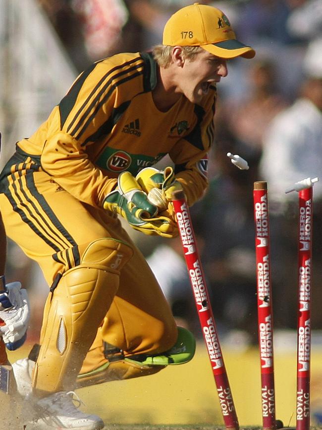 It’s been a while since Tim Paine appeared in an ODI for Australia. He’s pictured in action with the gloves against India in 2009.