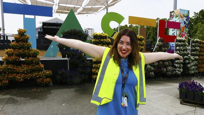 Taste of Tasmania festival director Brooke Webb in front of the main entrance is ready to welcome patrons to this summer’s event. Picture: MATT THOMPSON