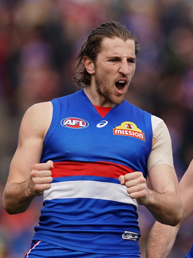 Marcus Bontempelli celebrates a goal during Western Bulldogs’ Round 23 win against Adelaide.