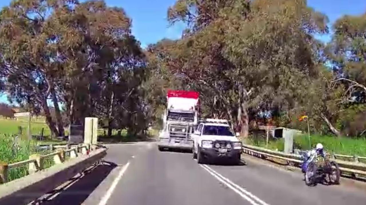 Footage emerged last week of a terrifying close call between a truck carrying live sheep and a car on Main South Road. Picture: Supplied