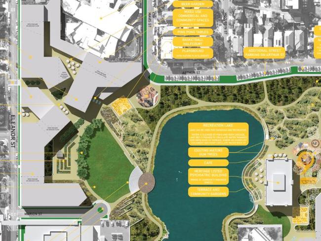 The community vision map which includes space for a swimmable lake, beer gardens, and social housing.